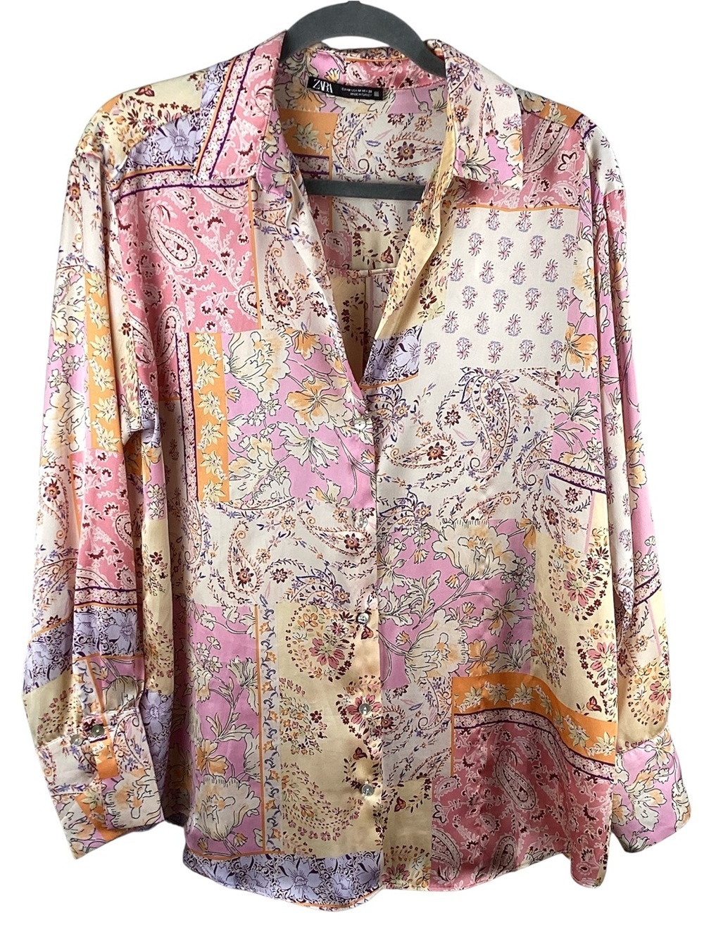 Zara Patchwork Floral Button-Up Blouse in Pink, Cream & Gold Satin